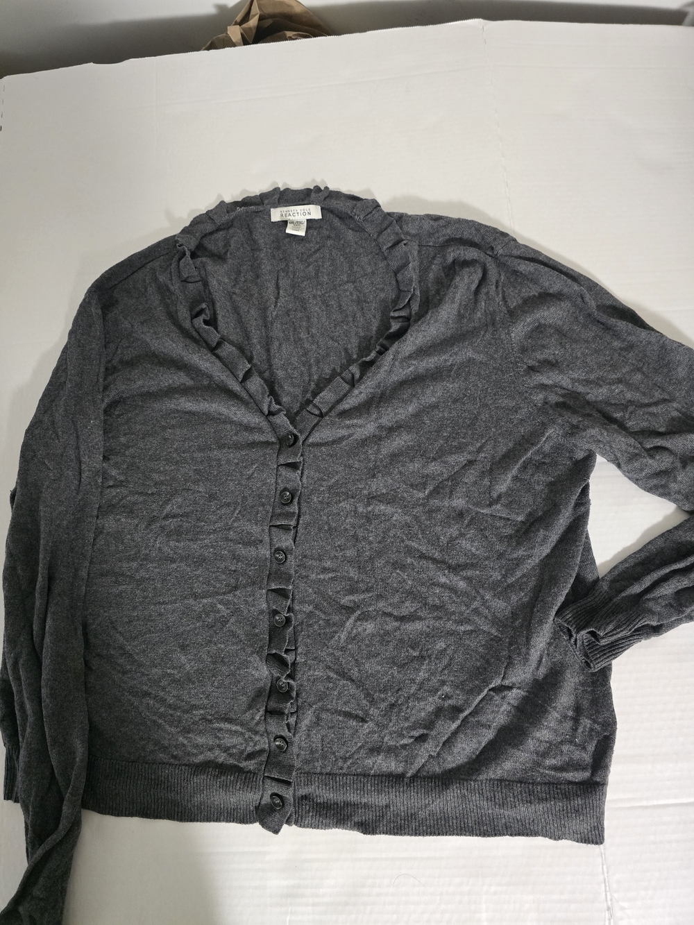 Kenneth Cole Reaction Charcoal Gray Ruffle Trim Cardigan Sweater 2X
